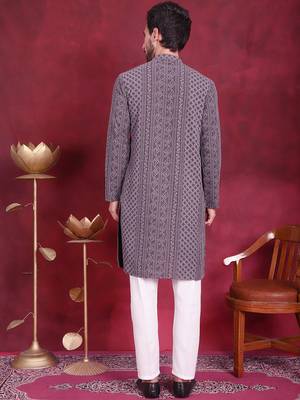 Men grey embroidered georgette kurta pajama 4