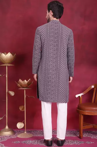 Men grey embroidered georgette kurta pajama