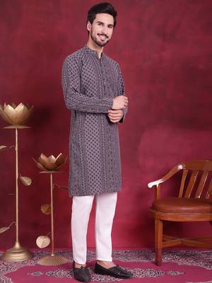 Men grey embroidered georgette kurta pajama 5