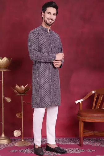 Men grey embroidered georgette kurta pajama