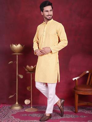 Men beige embroidered georgette kurta pajama 1