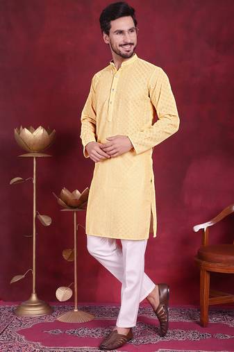 Men beige embroidered georgette kurta pajama