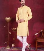 Men beige embroidered georgette kurta pajama