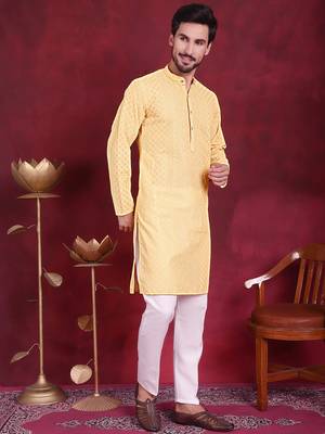 Men beige embroidered georgette kurta pajama 2