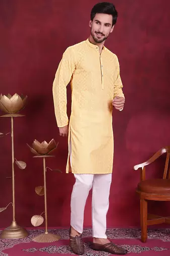 Men beige embroidered georgette kurta pajama