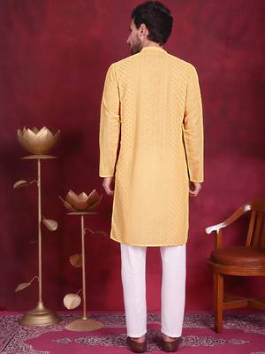 Men beige embroidered georgette kurta pajama 4