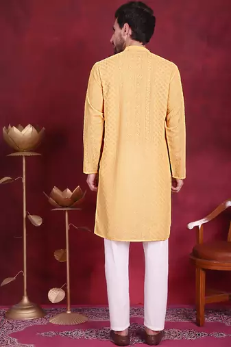 Men beige embroidered georgette kurta pajama