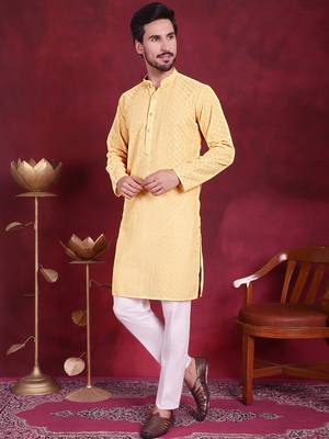 Men beige embroidered georgette kurta pajama 5