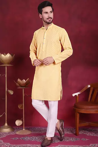 Men beige embroidered georgette kurta pajama