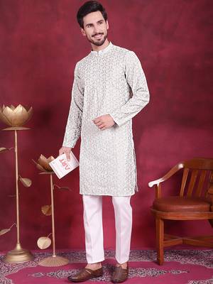 Men green embroidered cotton kurta pajama 1