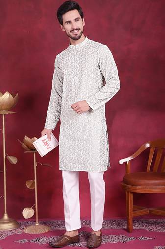 Men green embroidered cotton kurta pajama