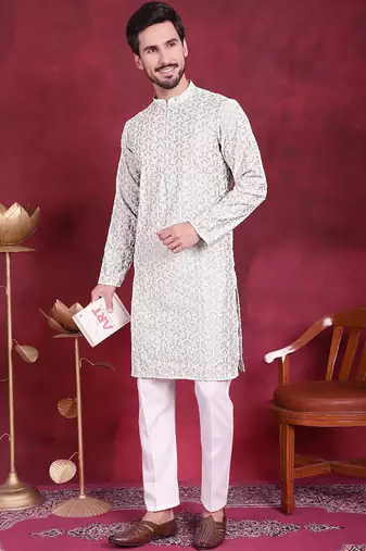 Men green embroidered cotton kurta pajama