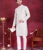 Men green embroidered cotton kurta pajama