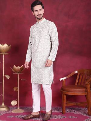 Men green embroidered cotton kurta pajama 2