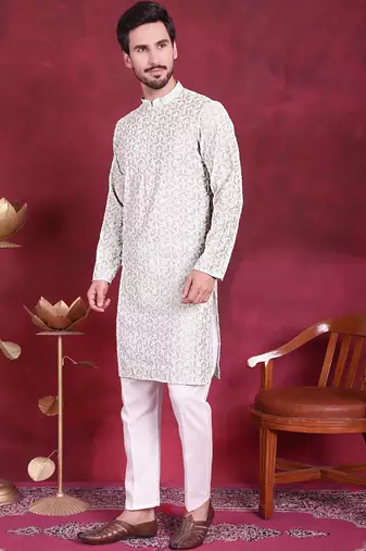 Men green embroidered cotton kurta pajama