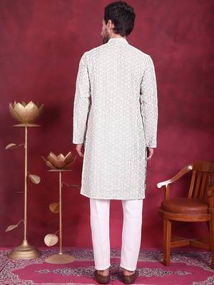 Men green embroidered cotton kurta pajama 4