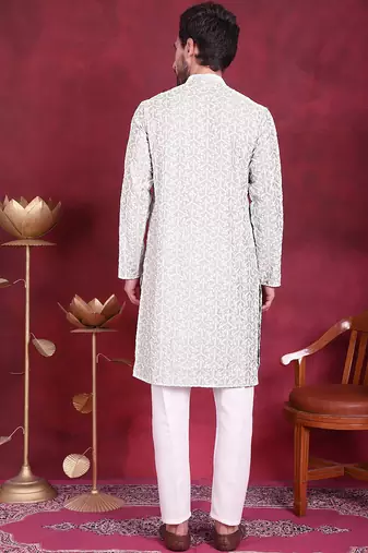 Men green embroidered cotton kurta pajama