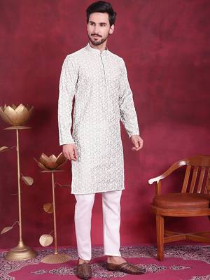 Men green embroidered cotton kurta pajama 5