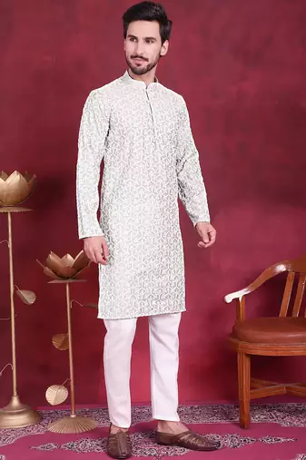 Men green embroidered cotton kurta pajama