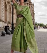 Parrot Green Banarasi Style Silk Blend Designer Border And Pallu Saree With Blouse For Women 