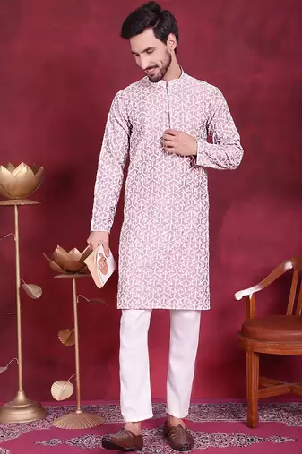 Men purple embroidered cotton kurta pajama