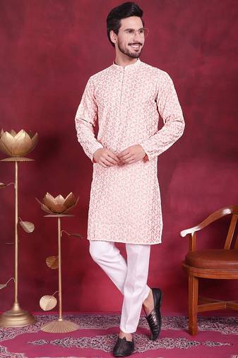 Men pink embroidered cotton kurta pajama