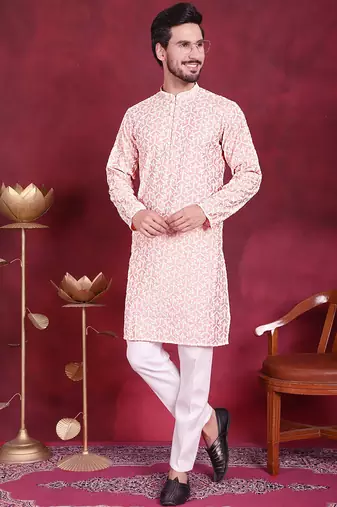 Men pink embroidered cotton kurta pajama