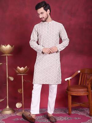 Men grey embroidered cotton kurta pajama 1