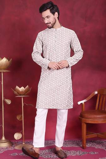 Men grey embroidered cotton kurta pajama