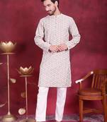 Men grey embroidered cotton kurta pajama