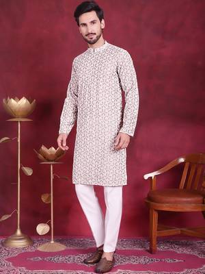Men grey embroidered cotton kurta pajama 2