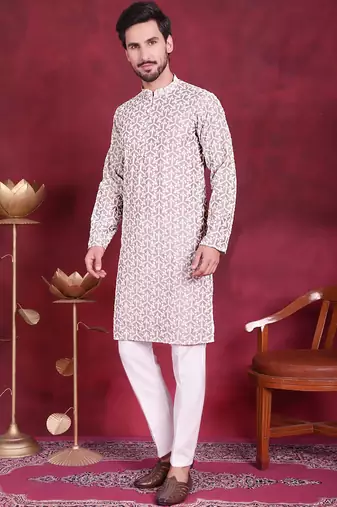 Men grey embroidered cotton kurta pajama