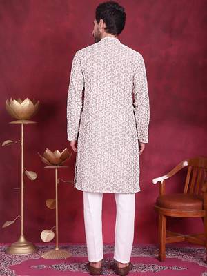 Men grey embroidered cotton kurta pajama 4