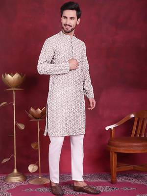 Men grey embroidered cotton kurta pajama 5