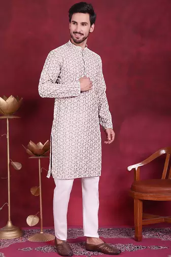 Men grey embroidered cotton kurta pajama