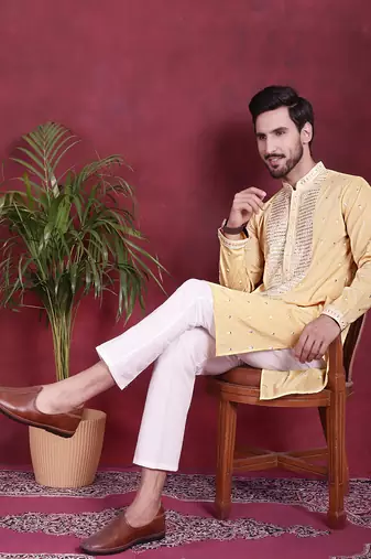 Men yellow embroidered cotton kurta pajama