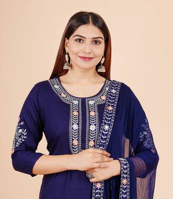 Dark blue floral embroidered work rayon straight kurta pant with dupatta set stitched 1