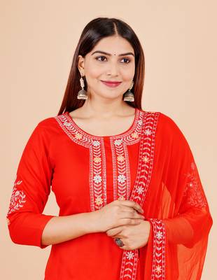 Red floral embroidered work rayon straight kurta pant with dupatta set stitched 1