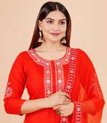 Red floral embroidered work rayon straight kurta pant with dupatta set stitched