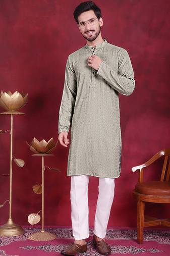 Men green embroidered georgette kurta pajama
