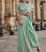 Aqua Blue Banarasi Style Silk Blend Designer Border And Pallu Saree With Blouse For Women 