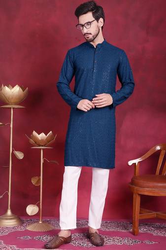 Men blue embroidered georgette kurta pajama