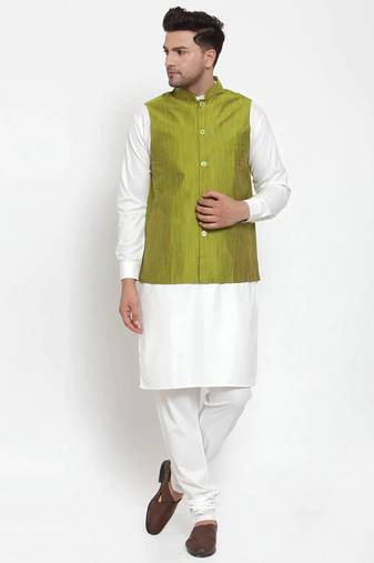 Men white solid blended cotton kurta jacket set