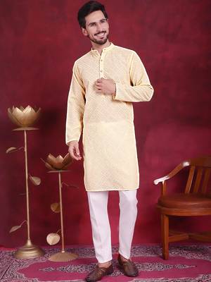 Men yellow embroidered georgette kurta pajama 1