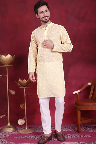 Men yellow embroidered georgette kurta pajama