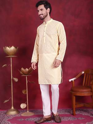 Men yellow embroidered georgette kurta pajama 2