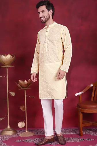 Men yellow embroidered georgette kurta pajama