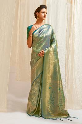 Teal Art Silk Designer Border And Pallu With Blouuse And Saree For Women 3