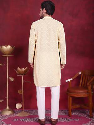 Men yellow embroidered georgette kurta pajama 4