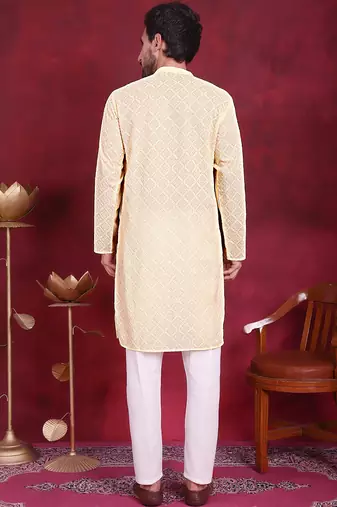 Men yellow embroidered georgette kurta pajama